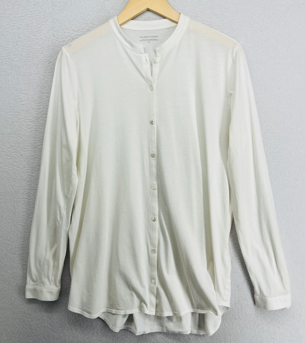 EILEEN FISHER Top L Organic Cotton Jersey Shirt Mandarin Button Up White USA